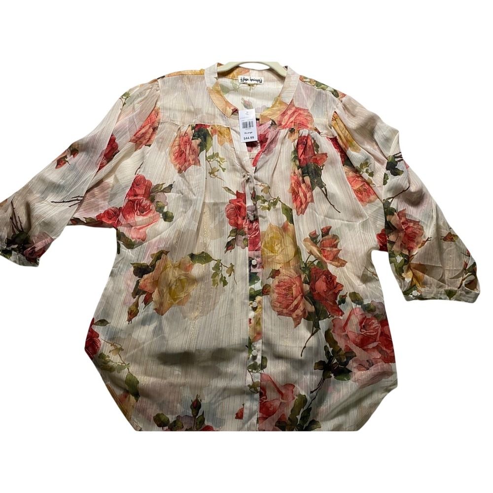 Hope Springs Rose Floral Blouse Metallic Stripe Button Front XL NWT